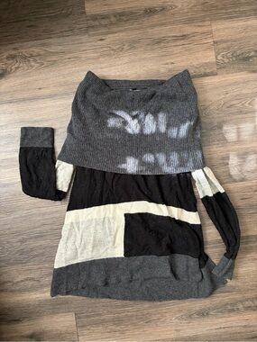 INC International Concepts Gray Black Cream Off-the-Shoulder Colorblock Sweater